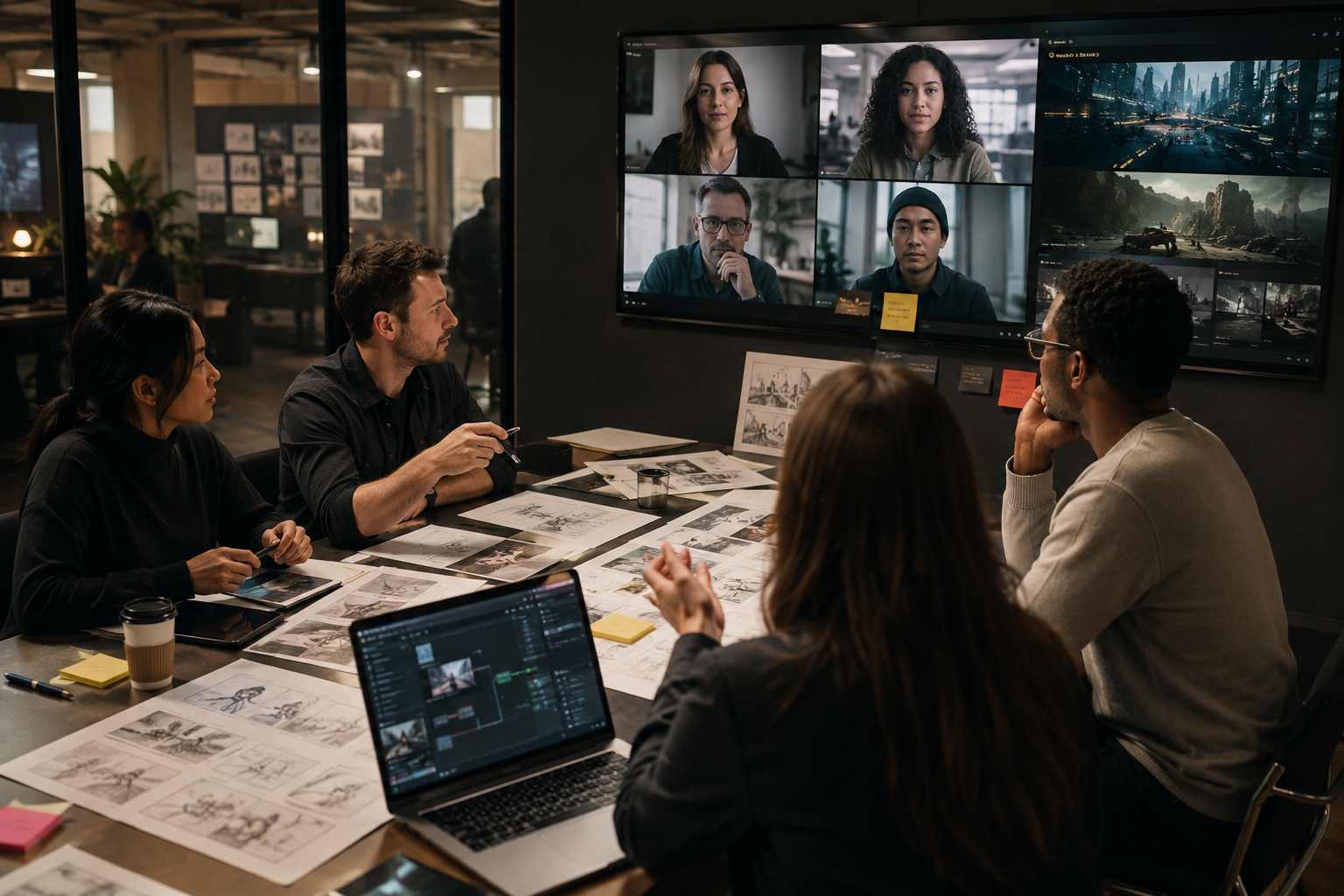 Hybrid creative team collaborating across video calls and storyboards in a modern production meeting