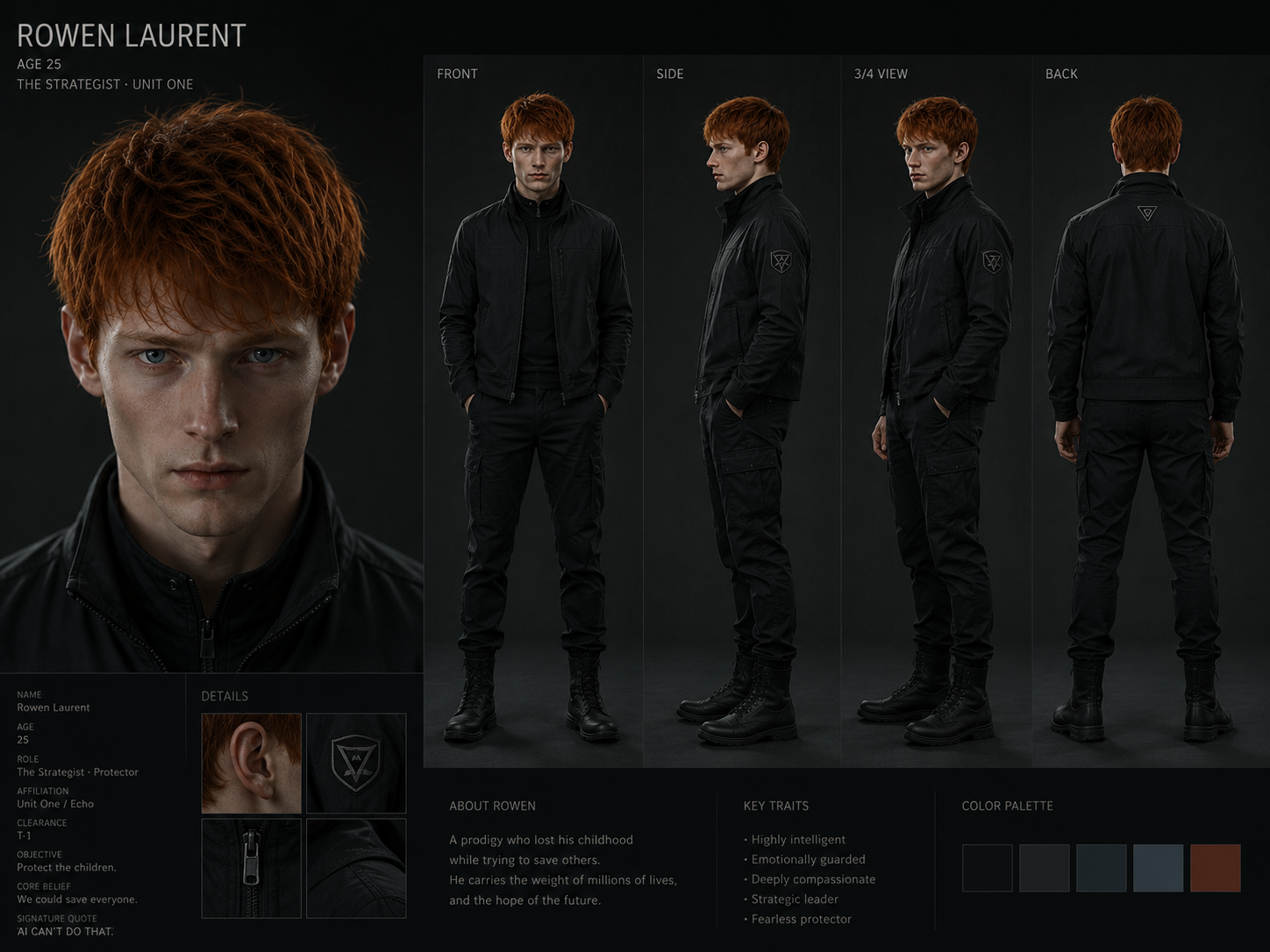 Character consistency sheet showing front, side and back views of a film character