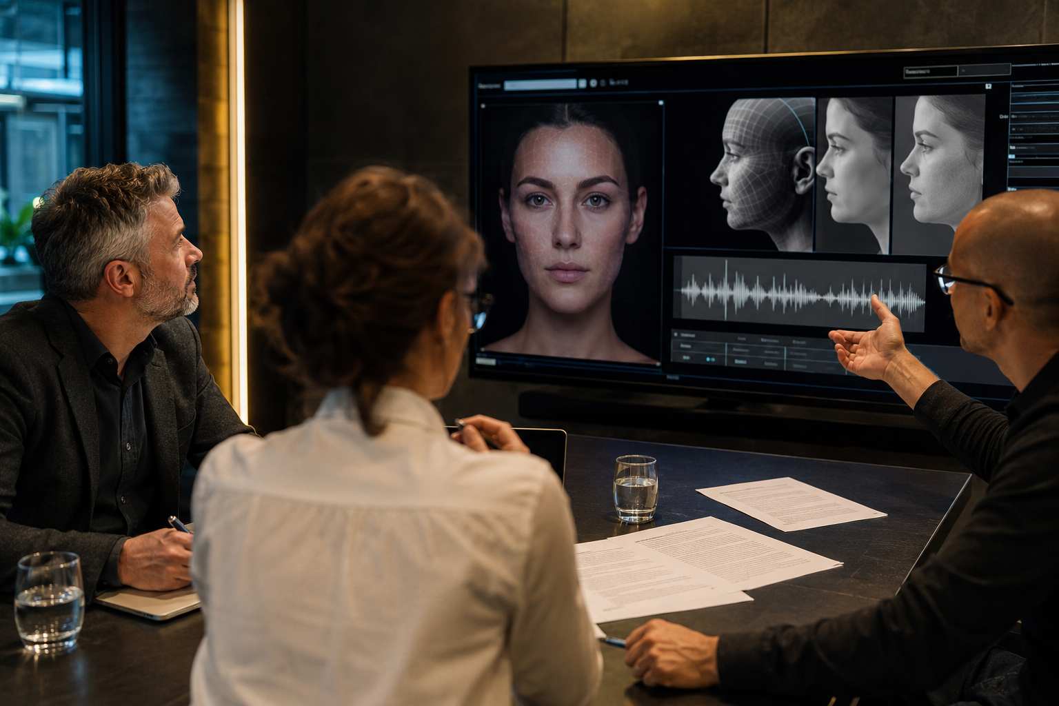 Creative and legal team reviewing digital likeness, voice and consent materials on a large screen