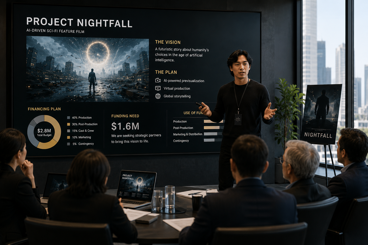 Filmmaker presenting a project financing deck to investors in a boardroom with budget charts and a cinematic poster