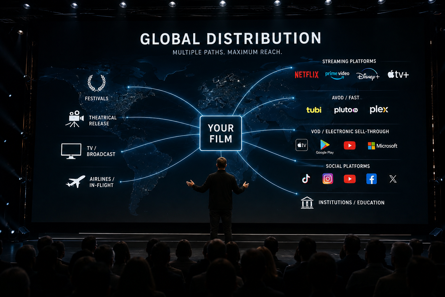 Speaker on stage before a global distribution map of festivals, platforms and release paths