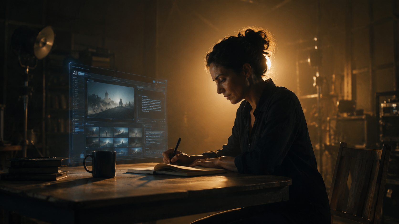 Filmmakers working on set during an AI-assisted production