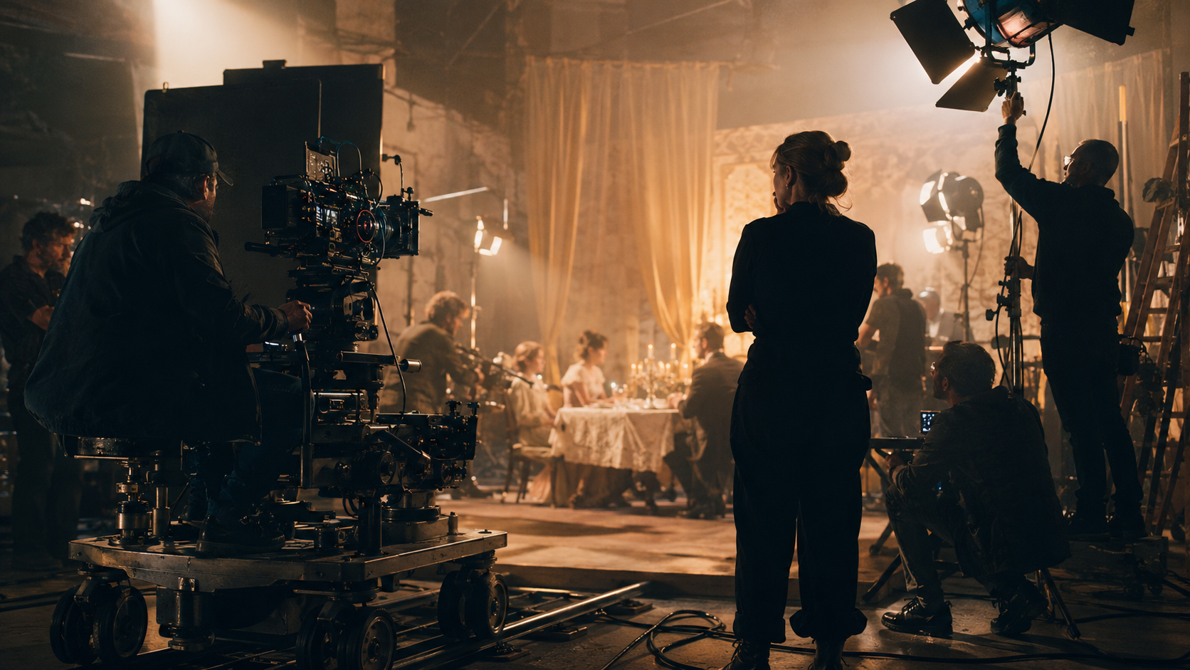 Cinematic film set with camera, lighting crew and director overseeing a scene