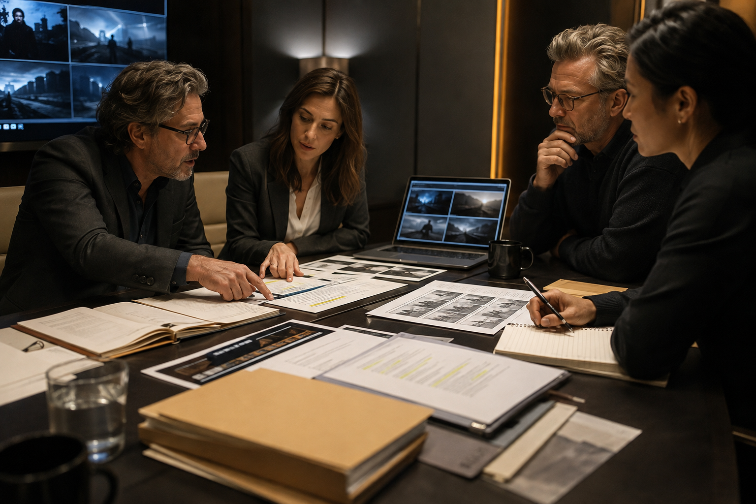 Producers, lawyers and filmmakers reviewing IP, source material and licensing paperwork around a conference table