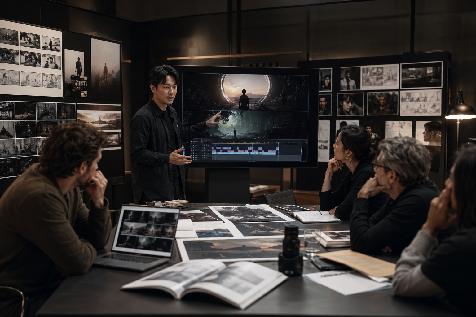 Creator presenting a body of work with storyboards, timelines and cinematic frames in a review room