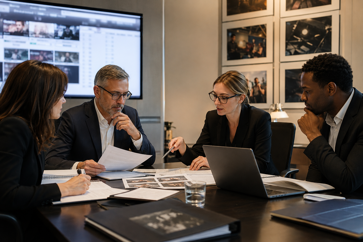 Legal and production team reviewing commercial clearance, contracts and long-term IP value around a conference table