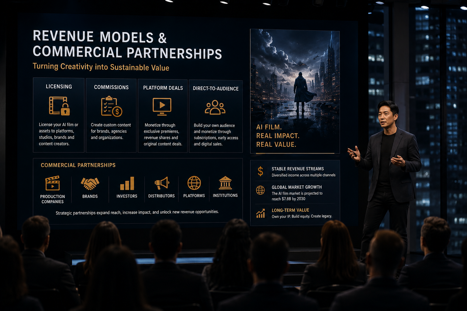 Speaker presenting revenue models and commercial partnerships for AI film on stage before an audience