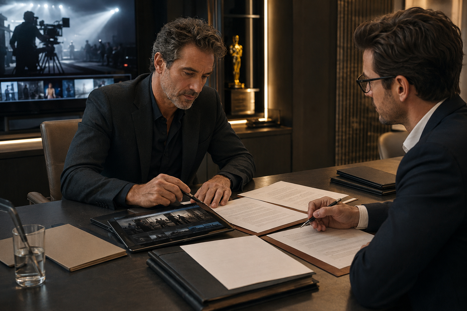 Two producers reviewing contracts and film rights paperwork in a high-rise boardroom with production monitors