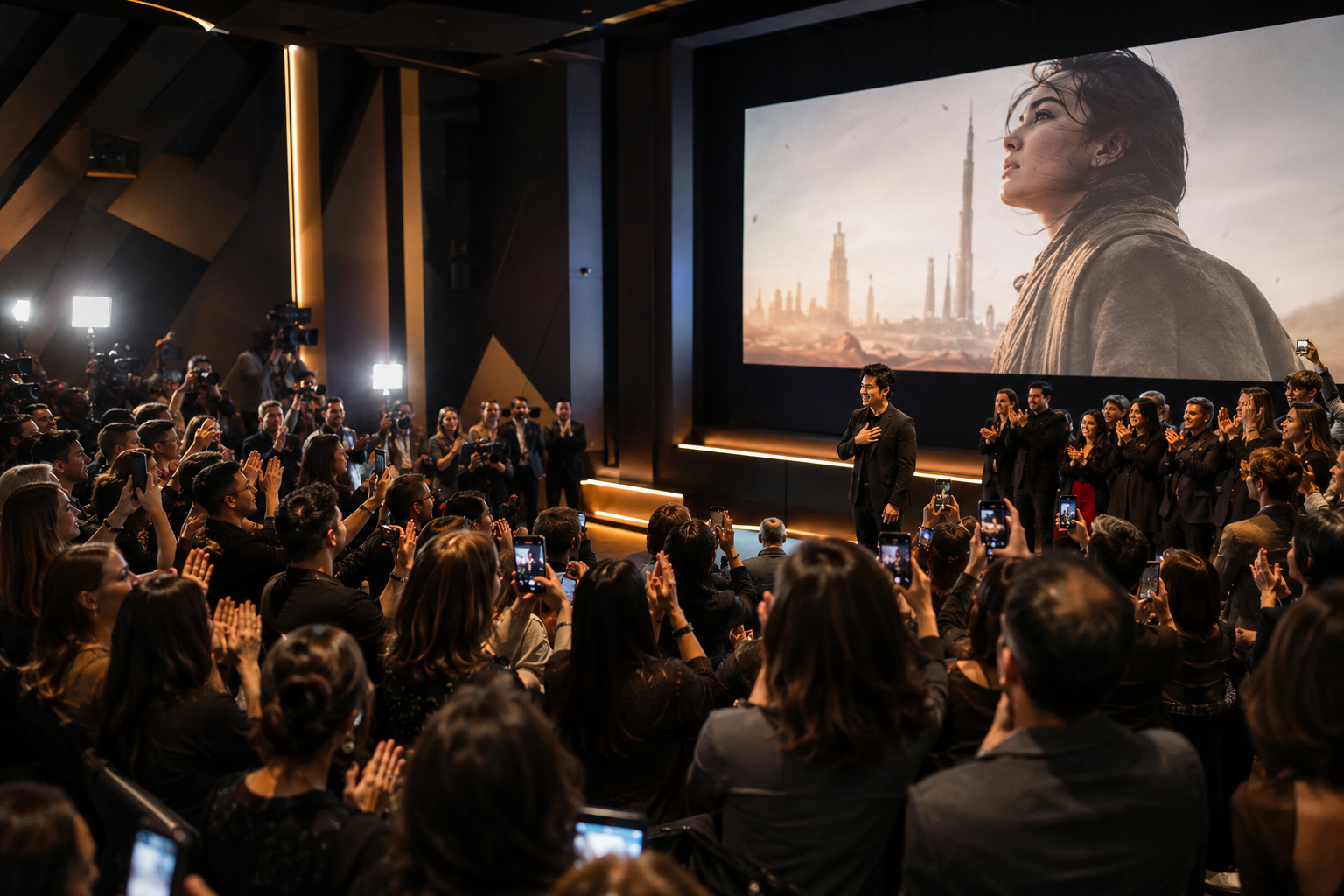 Filmmaker on stage receiving applause at a premiere screening with a cinematic film projected on screen