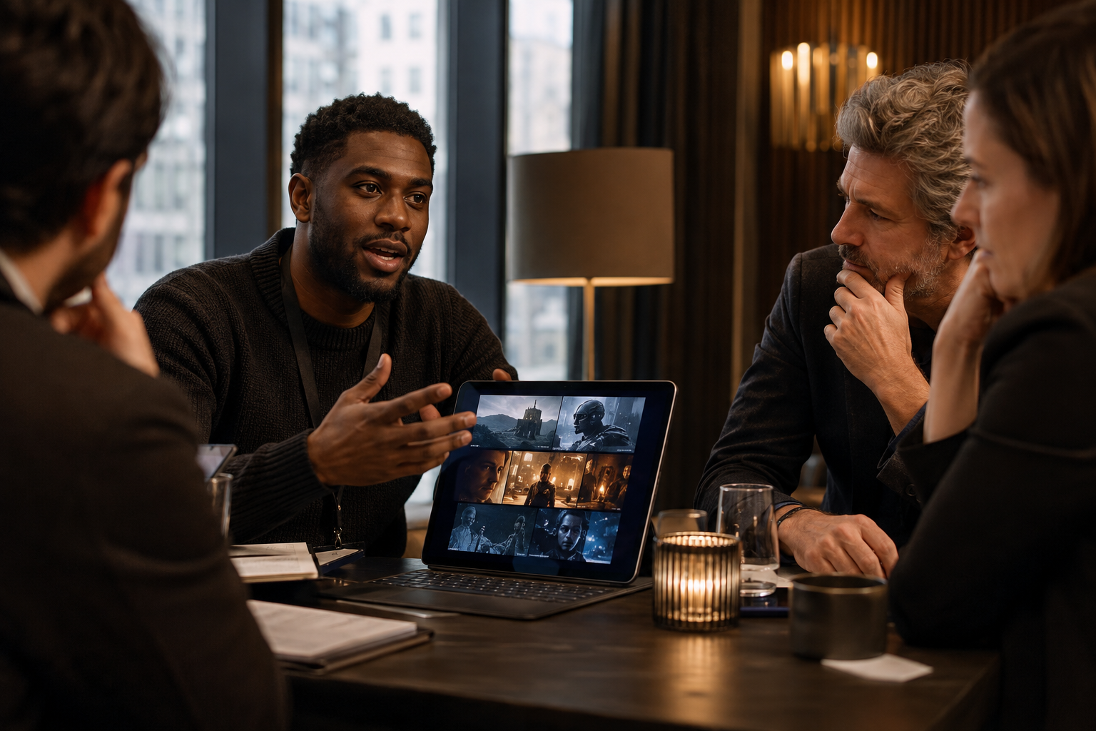 Filmmaker presenting AI-assisted project to collaborators around a laptop in a modern meeting room