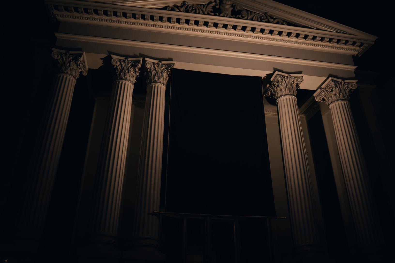 The Music Center at night — neoclassical facade with the summit banner hanging between columns